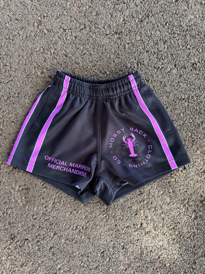 Kids Mossy Back Black & Pink Footy/Rugby Shorts with Pockets